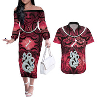 Personalised Maori Matariki Manaia Whero Couples Matching Off The Shoulder Long Sleeve Dress and Hawaiian Shirt Maori Kowhaiwhai Pattern Galaxy