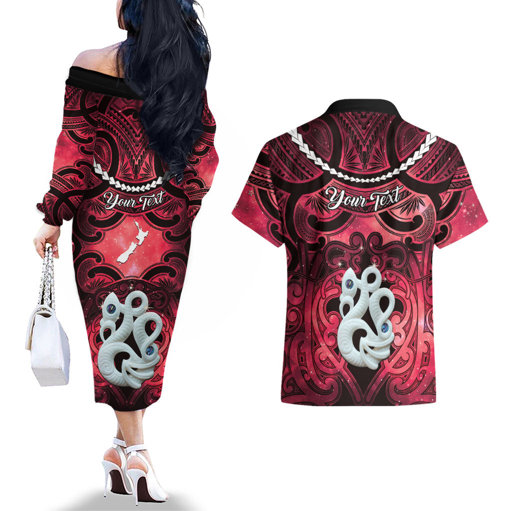 Personalised Maori Matariki Manaia Whero Couples Matching Off The Shoulder Long Sleeve Dress and Hawaiian Shirt Maori Kowhaiwhai Pattern Galaxy