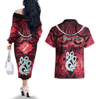 Personalised Maori Matariki Manaia Whero Couples Matching Off The Shoulder Long Sleeve Dress and Hawaiian Shirt Maori Kowhaiwhai Pattern Galaxy