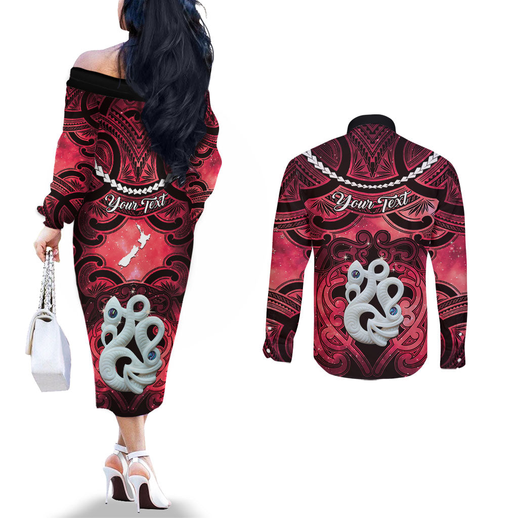 Personalised Maori Matariki Manaia Whero Couples Matching Off The Shoulder Long Sleeve Dress and Long Sleeve Button Shirt Maori Kowhaiwhai Pattern Galaxy