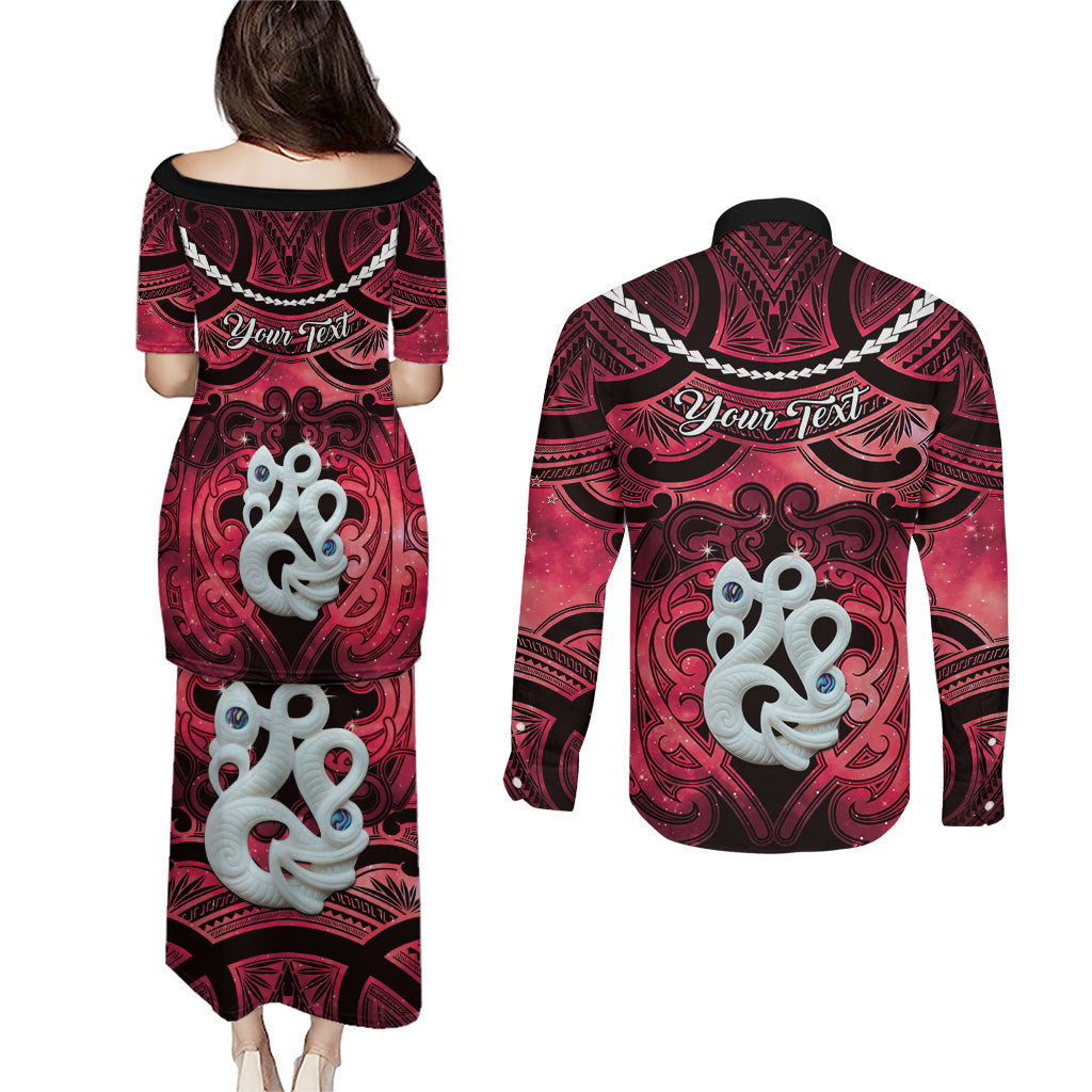 Personalised Maori Matariki Manaia Whero Couples Matching Puletasi and Long Sleeve Button Shirt Maori Kowhaiwhai Pattern Galaxy