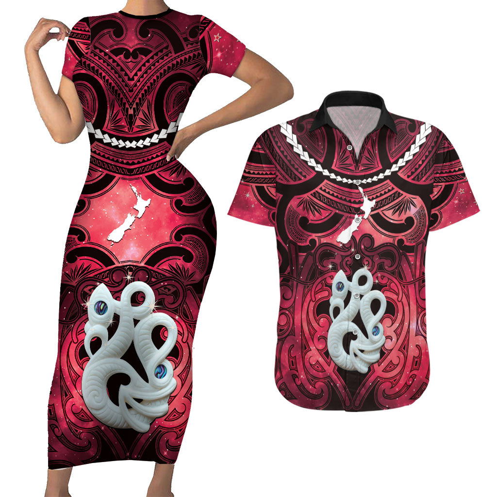 Personalised Maori Matariki Manaia Whero Couples Matching Short Sleeve Bodycon Dress and Hawaiian Shirt Maori Kowhaiwhai Pattern Galaxy