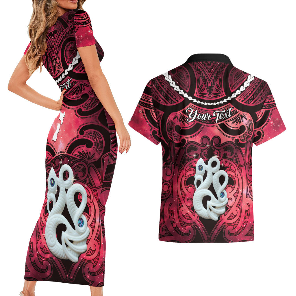 Personalised Maori Matariki Manaia Whero Couples Matching Short Sleeve Bodycon Dress and Hawaiian Shirt Maori Kowhaiwhai Pattern Galaxy