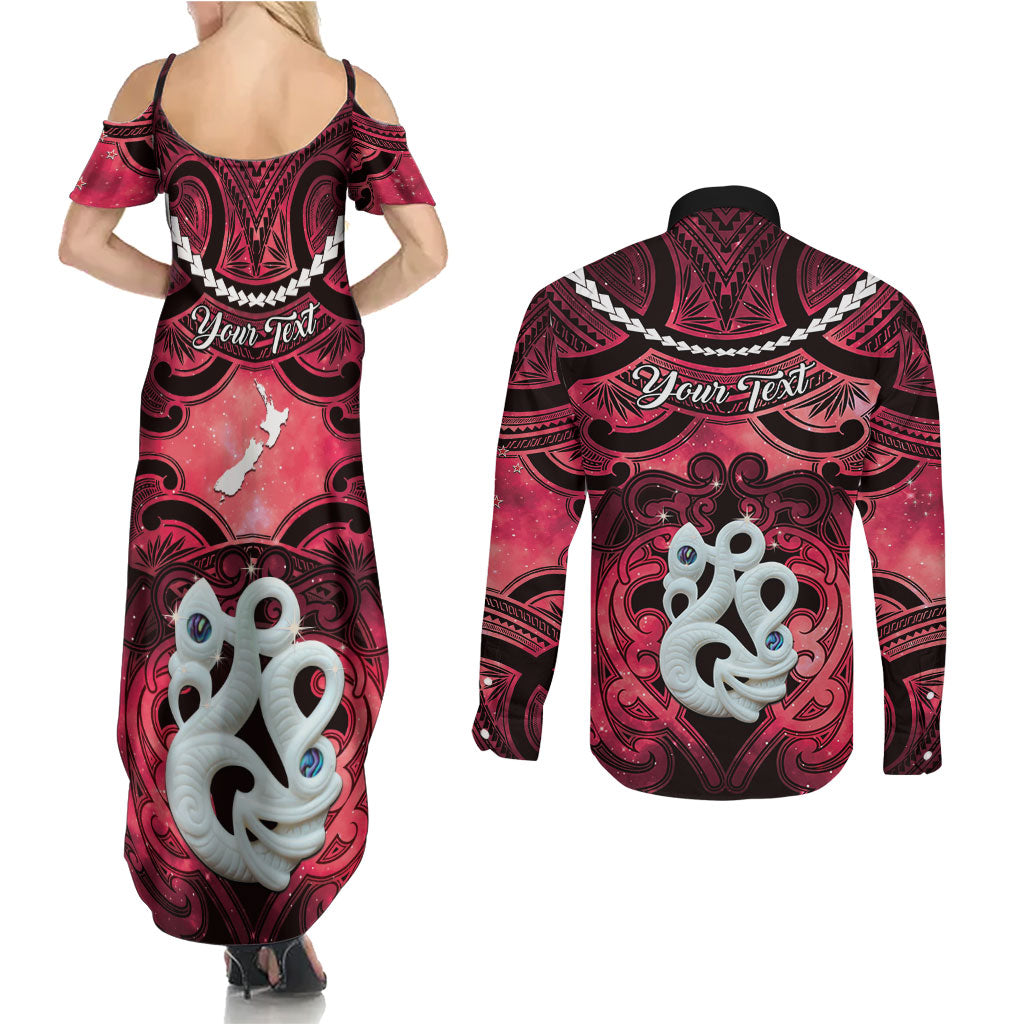 Personalised Maori Matariki Manaia Whero Couples Matching Summer Maxi Dress and Long Sleeve Button Shirt Maori Kowhaiwhai Pattern Galaxy