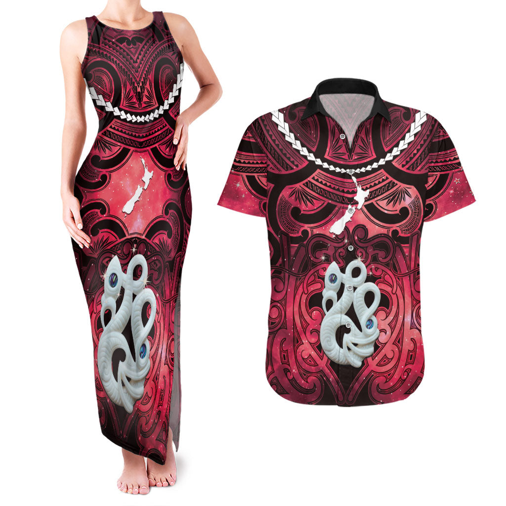 Personalised Maori Matariki Manaia Whero Couples Matching Tank Maxi Dress and Hawaiian Shirt Maori Kowhaiwhai Pattern Galaxy