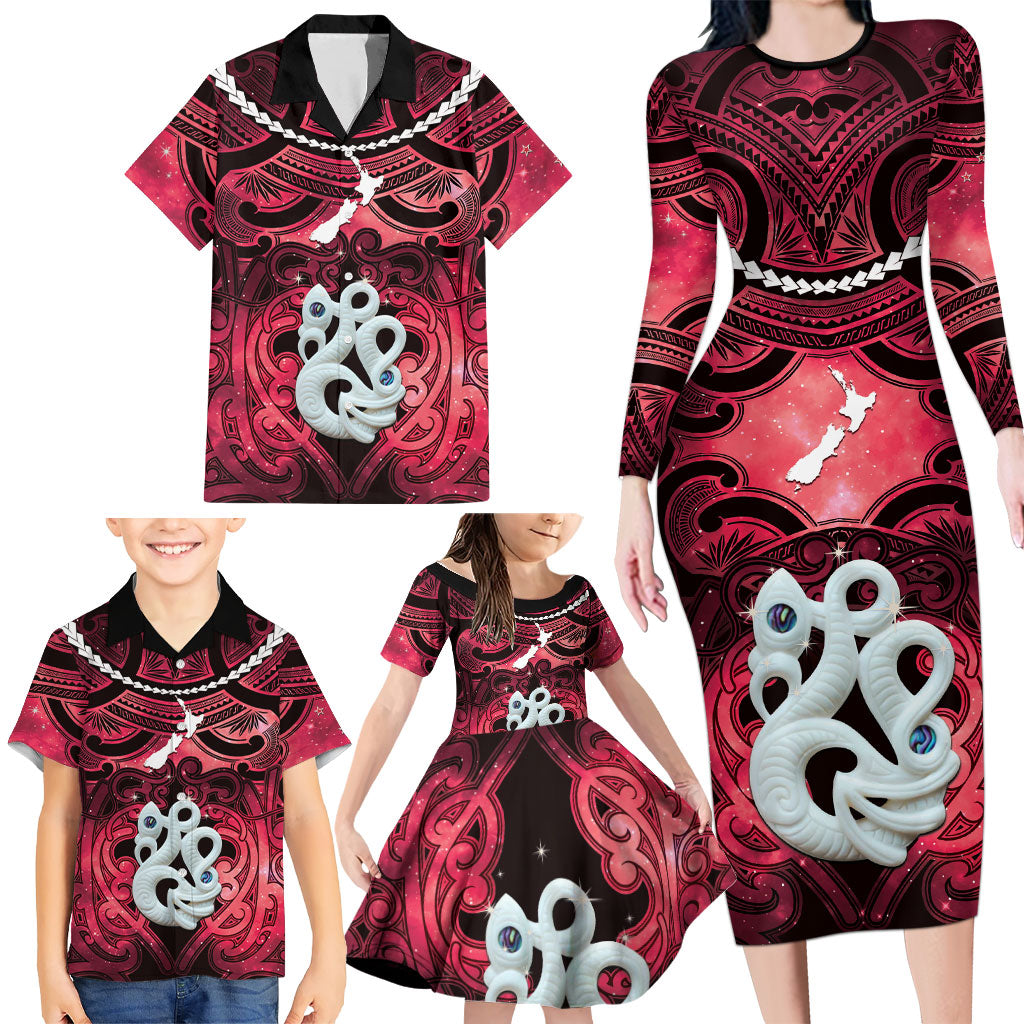 Personalised Maori Matariki Manaia Whero Family Matching Long Sleeve Bodycon Dress and Hawaiian Shirt Maori Kowhaiwhai Pattern Galaxy
