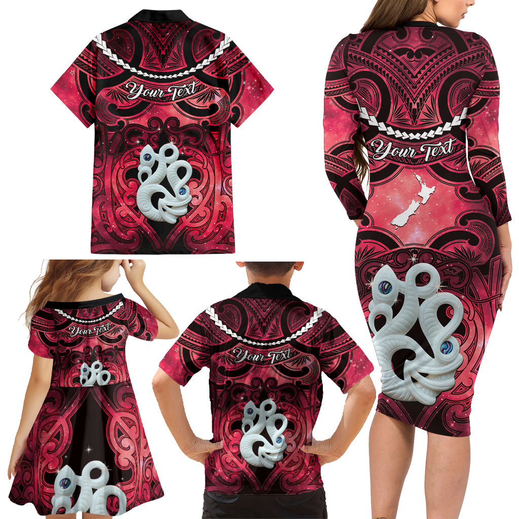 Personalised Maori Matariki Manaia Whero Family Matching Long Sleeve Bodycon Dress and Hawaiian Shirt Maori Kowhaiwhai Pattern Galaxy