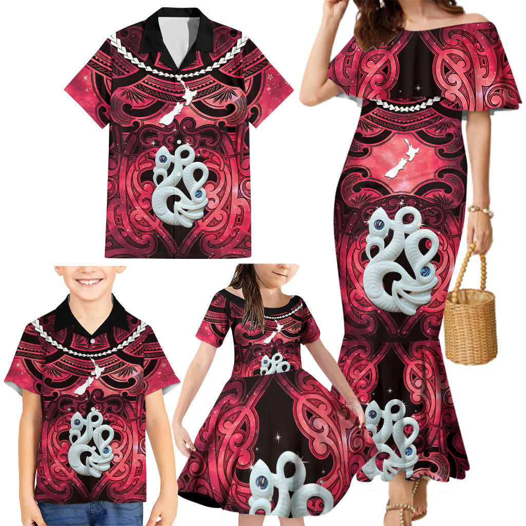 Personalised Maori Matariki Manaia Whero Family Matching Mermaid Dress and Hawaiian Shirt Maori Kowhaiwhai Pattern Galaxy LT01 - Polynesian Pride