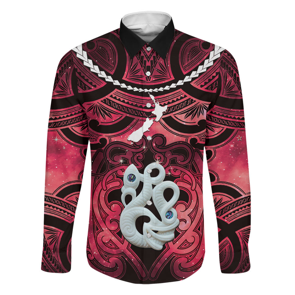 Personalised Maori Matariki Manaia Whero Family Matching Mermaid Dress and Hawaiian Shirt Maori Kowhaiwhai Pattern Galaxy LT01 Dad's Shirt - Long Sleeve Red - Polynesian Pride