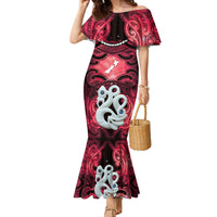 Personalised Maori Matariki Manaia Whero Family Matching Mermaid Dress and Hawaiian Shirt Maori Kowhaiwhai Pattern Galaxy LT01 Mom's Dress Red - Polynesian Pride