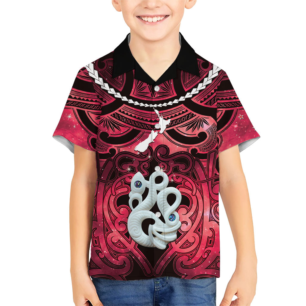 Personalised Maori Matariki Manaia Whero Family Matching Mermaid Dress and Hawaiian Shirt Maori Kowhaiwhai Pattern Galaxy LT01 Son's Shirt Red - Polynesian Pride