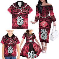 Personalised Maori Matariki Manaia Whero Family Matching Off The Shoulder Long Sleeve Dress and Hawaiian Shirt Maori Kowhaiwhai Pattern Galaxy