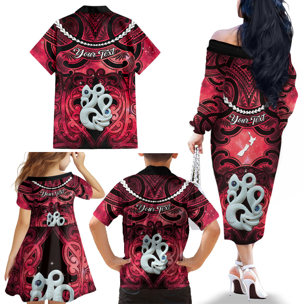 Personalised Maori Matariki Manaia Whero Family Matching Off The Shoulder Long Sleeve Dress and Hawaiian Shirt Maori Kowhaiwhai Pattern Galaxy