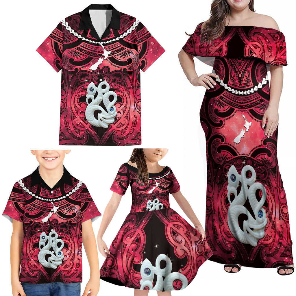 Personalised Maori Matariki Manaia Whero Family Matching Off Shoulder Maxi Dress and Hawaiian Shirt Maori Kowhaiwhai Pattern Galaxy