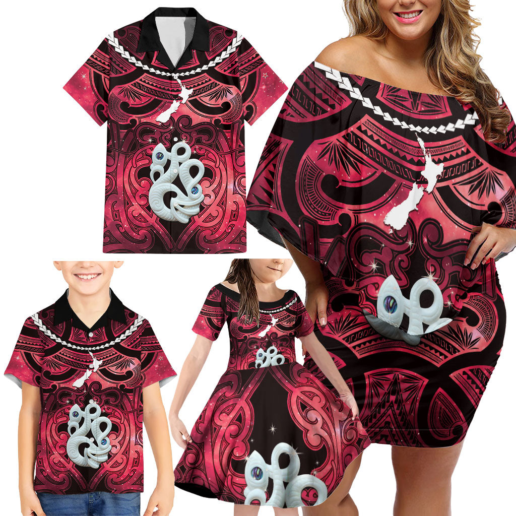 Personalised Maori Matariki Manaia Whero Family Matching Off Shoulder Short Dress and Hawaiian Shirt Maori Kowhaiwhai Pattern Galaxy