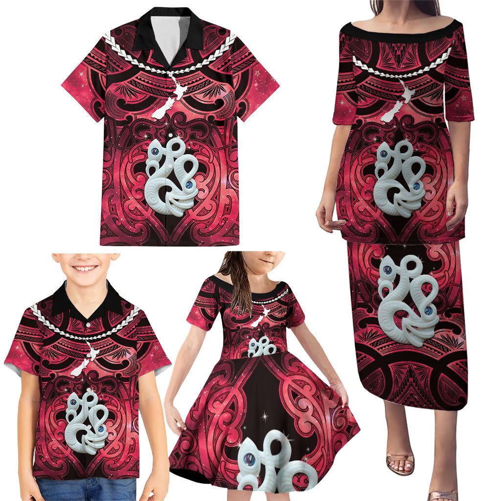 Personalised Maori Matariki Manaia Whero Family Matching Puletasi and Hawaiian Shirt Maori Kowhaiwhai Pattern Galaxy