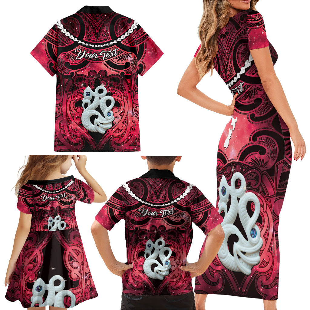 Personalised Maori Matariki Manaia Whero Family Matching Short Sleeve Bodycon Dress and Hawaiian Shirt Maori Kowhaiwhai Pattern Galaxy