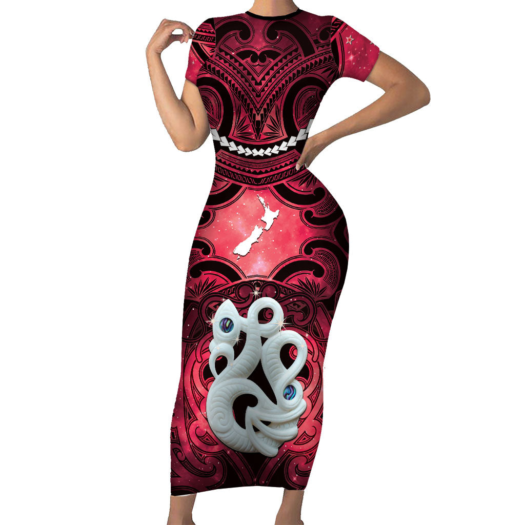 Personalised Maori Matariki Manaia Whero Family Matching Short Sleeve Bodycon Dress and Hawaiian Shirt Maori Kowhaiwhai Pattern Galaxy