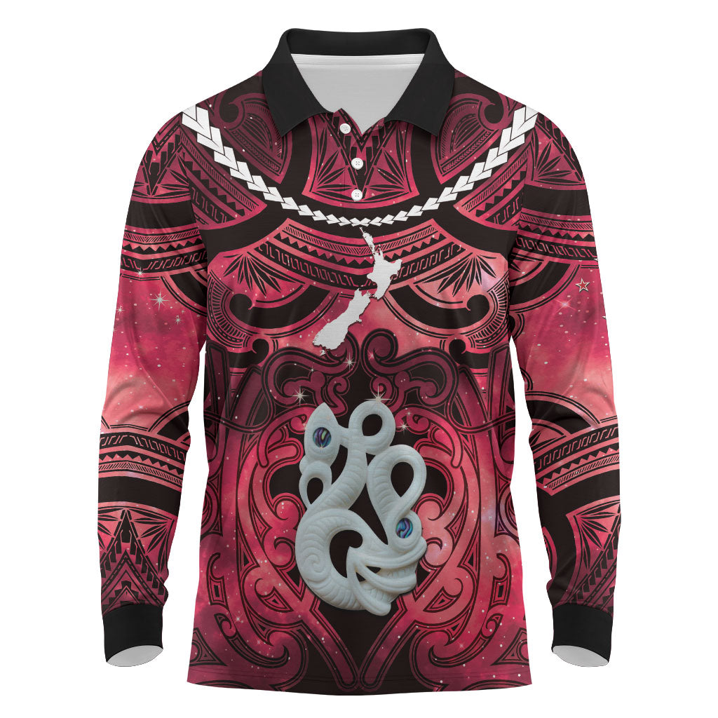 Personalised Maori Matariki Manaia Whero Long Sleeve Polo Shirt Maori Kowhaiwhai Pattern Galaxy LT01 Red - Polynesian Pride