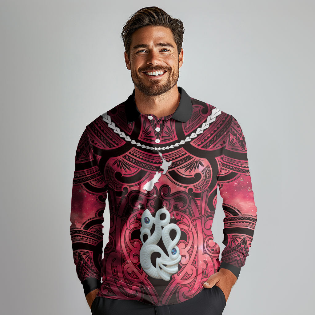 Personalised Maori Matariki Manaia Whero Long Sleeve Polo Shirt Maori Kowhaiwhai Pattern Galaxy LT01 - Polynesian Pride