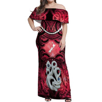 Personalised Maori Matariki Manaia Whero Off Shoulder Maxi Dress Maori Kowhaiwhai Pattern Galaxy LT01 Women Red - Polynesian Pride