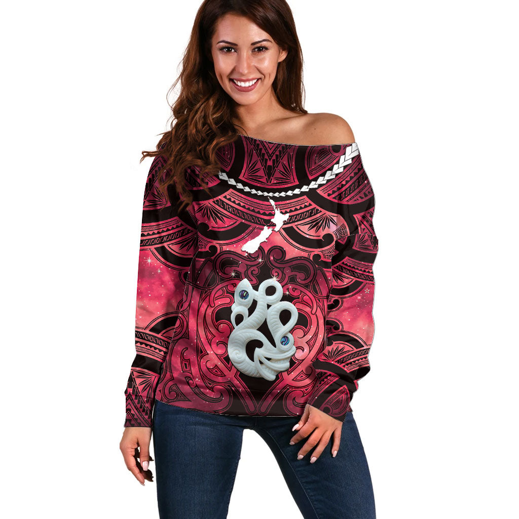 Personalised Maori Matariki Manaia Whero Off Shoulder Sweater Maori Kowhaiwhai Pattern Galaxy LT01 Women Red - Polynesian Pride
