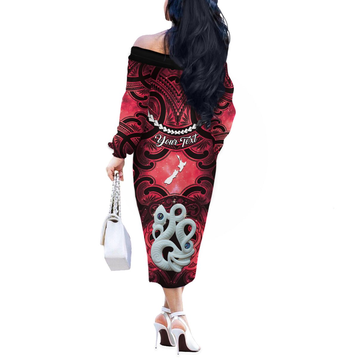 Personalised Maori Matariki Manaia Whero Off The Shoulder Long Sleeve Dress Maori Kowhaiwhai Pattern Galaxy