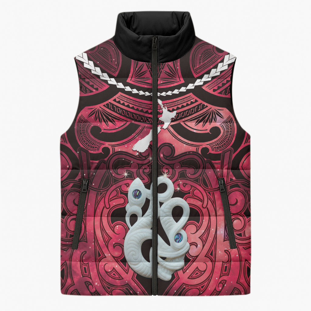 Personalised Maori Matariki Manaia Whero Sleeveless Puffer Jacket Maori Kowhaiwhai Pattern Galaxy LT01 Unisex Red - Polynesian Pride