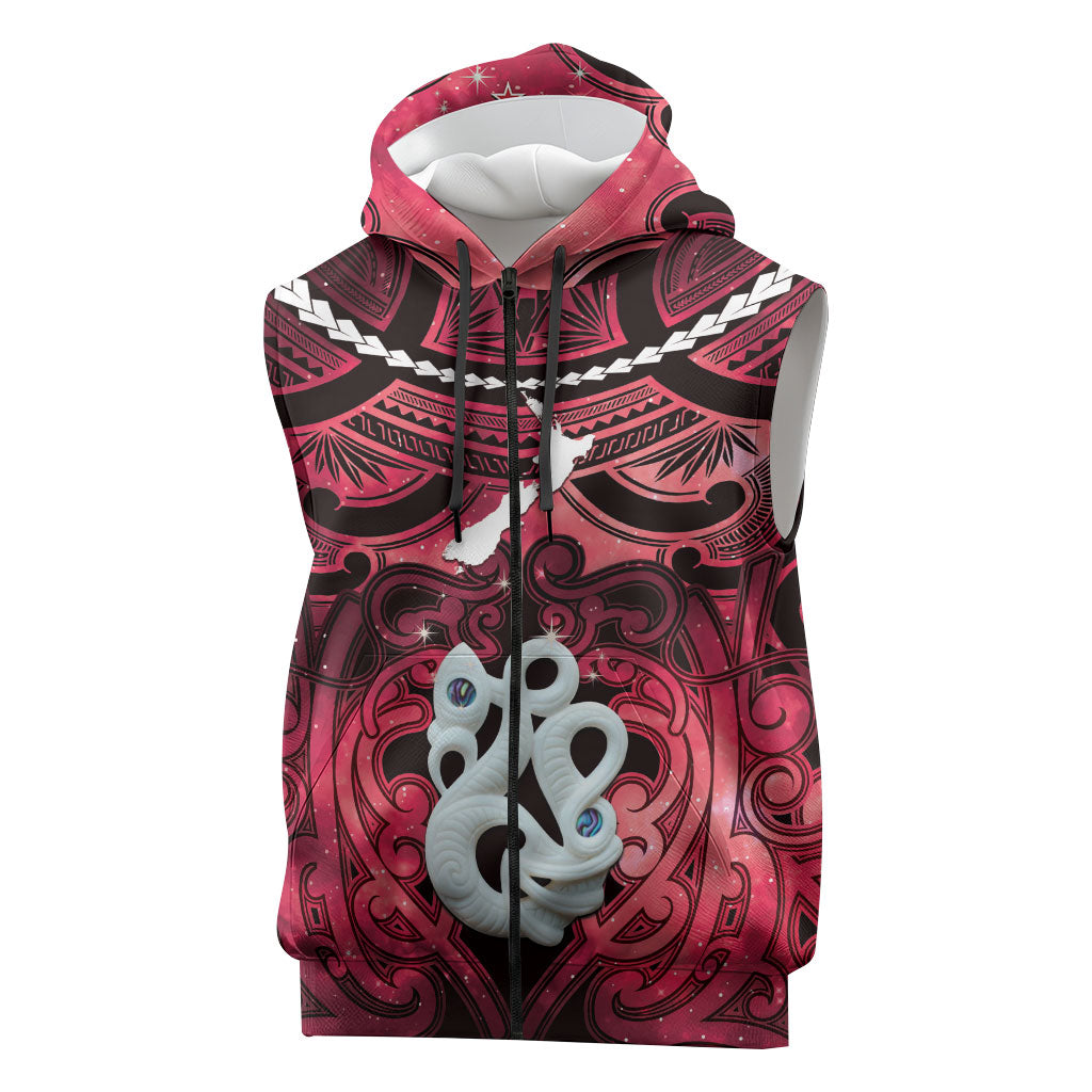 Personalised Maori Matariki Manaia Whero Sleeveless Zip Hoodie Maori Kowhaiwhai Pattern Galaxy LT01 Red - Polynesian Pride