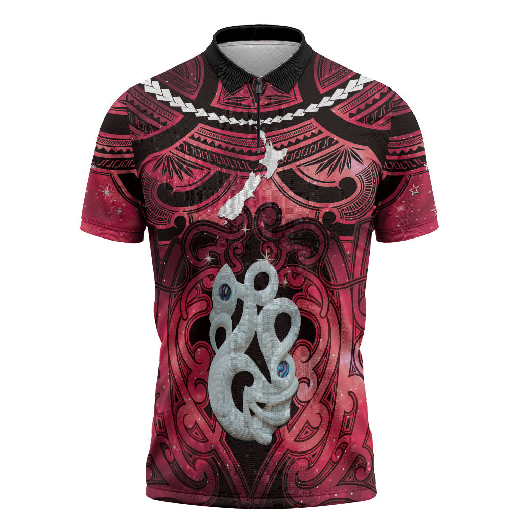 Personalised Maori Matariki Manaia Whero Zipper Polo Shirt Maori Kowhaiwhai Pattern Galaxy