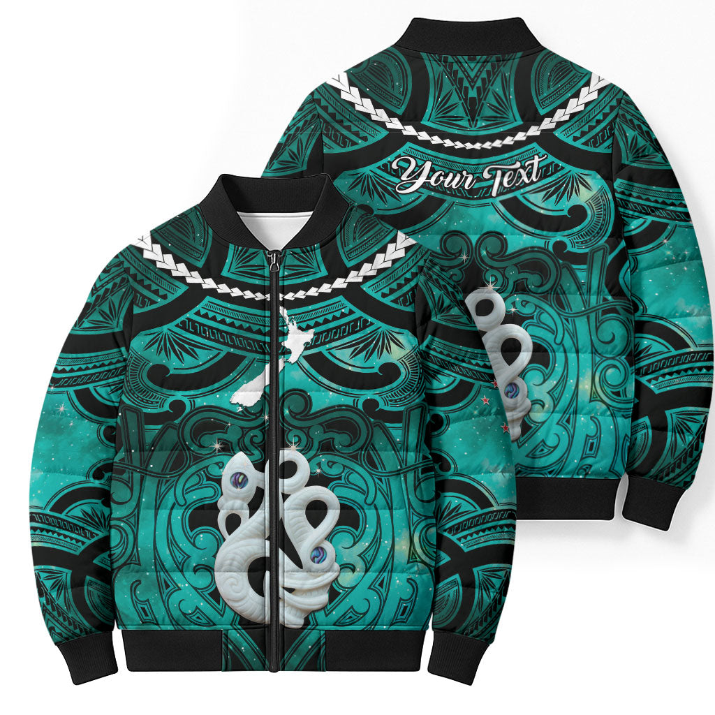 Personalised Maori Matariki Manaia Turquoise Bomber Puffer Jacket Maori Kowhaiwhai Pattern Galaxy