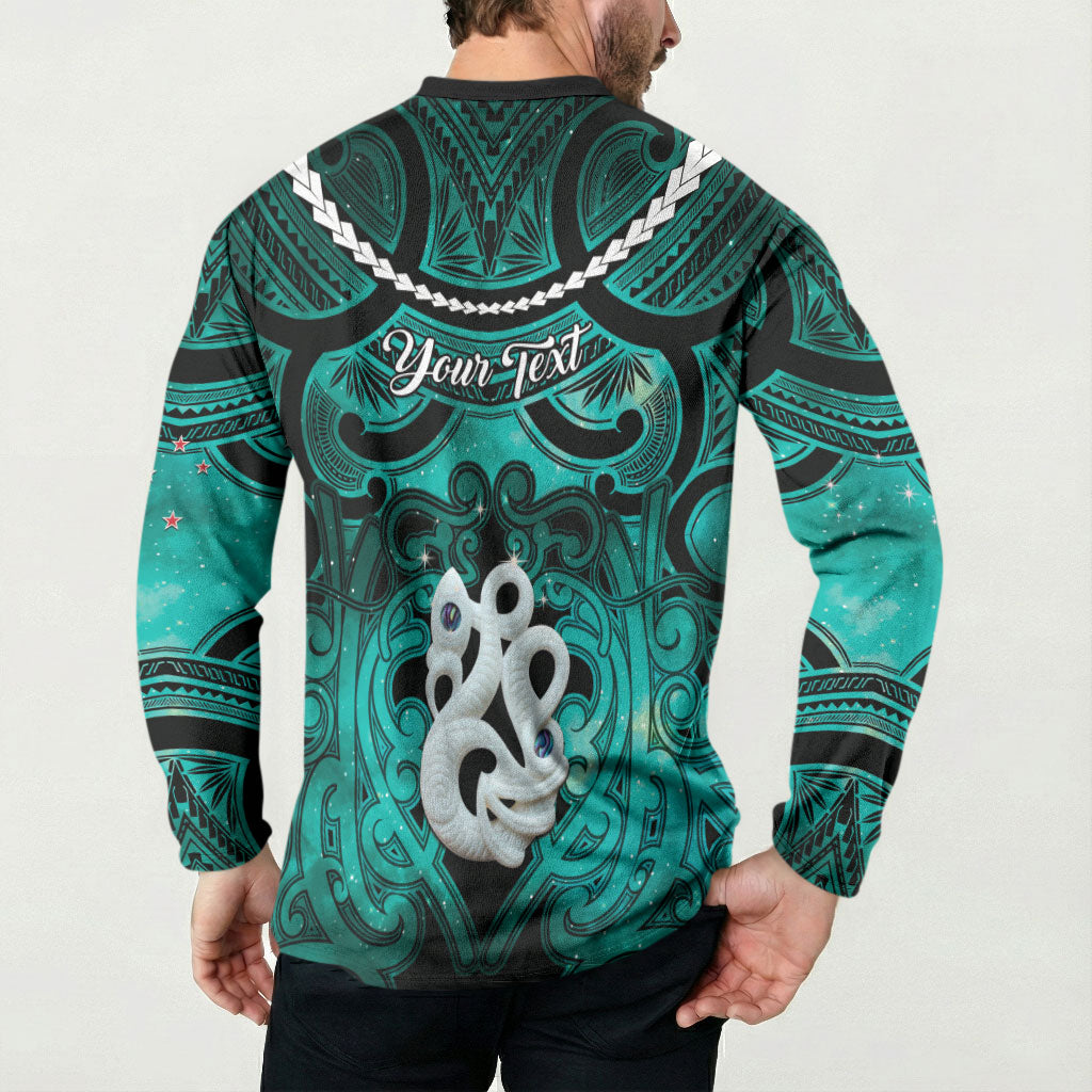 Personalised Maori Matariki Manaia Turquoise Button Sweatshirt Maori Kowhaiwhai Pattern Galaxy