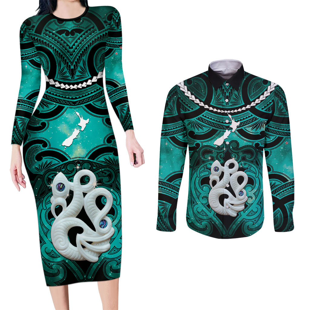 Personalised Maori Matariki Manaia Turquoise Couples Matching Long Sleeve Bodycon Dress and Long Sleeve Button Shirt Maori Kowhaiwhai Pattern Galaxy
