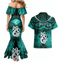 Personalised Maori Matariki Manaia Turquoise Couples Matching Mermaid Dress and Hawaiian Shirt Maori Kowhaiwhai Pattern Galaxy