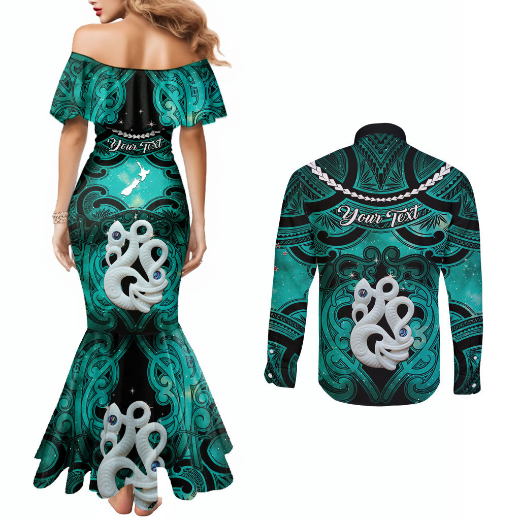 Personalised Maori Matariki Manaia Turquoise Couples Matching Mermaid Dress and Long Sleeve Button Shirt Maori Kowhaiwhai Pattern Galaxy