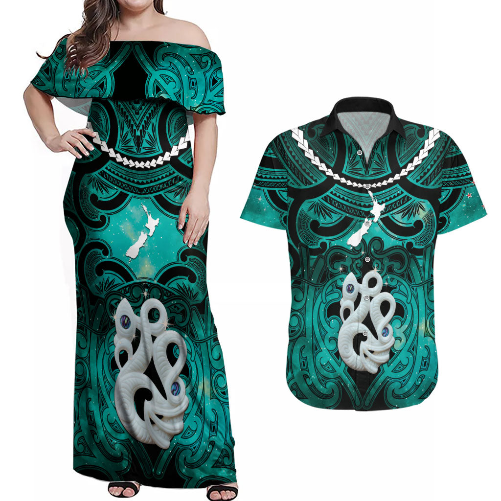 Personalised Maori Matariki Manaia Turquoise Couples Matching Off Shoulder Maxi Dress and Hawaiian Shirt Maori Kowhaiwhai Pattern Galaxy
