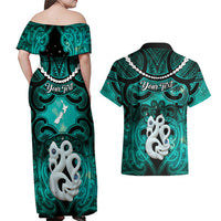 Personalised Maori Matariki Manaia Turquoise Couples Matching Off Shoulder Maxi Dress and Hawaiian Shirt Maori Kowhaiwhai Pattern Galaxy
