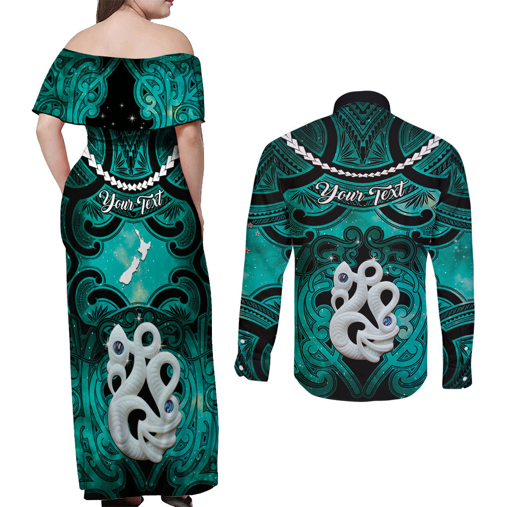 Personalised Maori Matariki Manaia Turquoise Couples Matching Off Shoulder Maxi Dress and Long Sleeve Button Shirt Maori Kowhaiwhai Pattern Galaxy