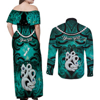 Personalised Maori Matariki Manaia Turquoise Couples Matching Off Shoulder Maxi Dress and Long Sleeve Button Shirt Maori Kowhaiwhai Pattern Galaxy