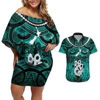 Personalised Maori Matariki Manaia Turquoise Couples Matching Off Shoulder Short Dress and Hawaiian Shirt Maori Kowhaiwhai Pattern Galaxy