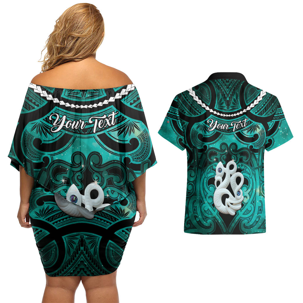 Personalised Maori Matariki Manaia Turquoise Couples Matching Off Shoulder Short Dress and Hawaiian Shirt Maori Kowhaiwhai Pattern Galaxy