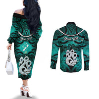 Personalised Maori Matariki Manaia Turquoise Couples Matching Off The Shoulder Long Sleeve Dress and Long Sleeve Button Shirt Maori Kowhaiwhai Pattern Galaxy