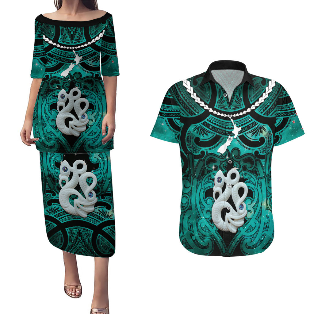 Personalised Maori Matariki Manaia Turquoise Couples Matching Puletasi and Hawaiian Shirt Maori Kowhaiwhai Pattern Galaxy