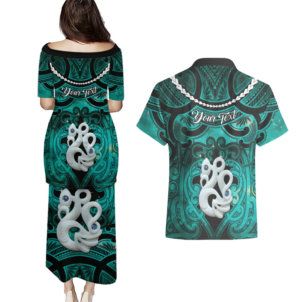 Personalised Maori Matariki Manaia Turquoise Couples Matching Puletasi and Hawaiian Shirt Maori Kowhaiwhai Pattern Galaxy