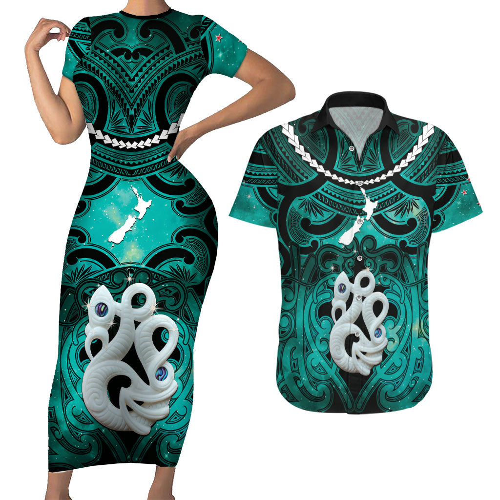 Personalised Maori Matariki Manaia Turquoise Couples Matching Short Sleeve Bodycon Dress and Hawaiian Shirt Maori Kowhaiwhai Pattern Galaxy