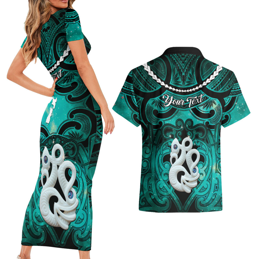 Personalised Maori Matariki Manaia Turquoise Couples Matching Short Sleeve Bodycon Dress and Hawaiian Shirt Maori Kowhaiwhai Pattern Galaxy