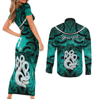 Personalised Maori Matariki Manaia Turquoise Couples Matching Short Sleeve Bodycon Dress and Long Sleeve Button Shirt Maori Kowhaiwhai Pattern Galaxy