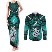 Personalised Maori Matariki Manaia Turquoise Couples Matching Tank Maxi Dress and Long Sleeve Button Shirt Maori Kowhaiwhai Pattern Galaxy