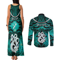 Personalised Maori Matariki Manaia Turquoise Couples Matching Tank Maxi Dress and Long Sleeve Button Shirt Maori Kowhaiwhai Pattern Galaxy