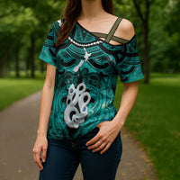 Personalised Maori Matariki Manaia Turquoise Cross Shoulder Shirt Maori Kowhaiwhai Pattern Galaxy
